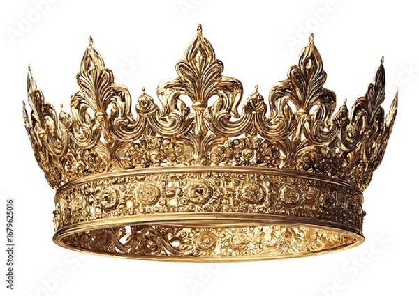 Fototapeta Magnificent golden crown with intricate ornate detailing displayed prominently isolated on white