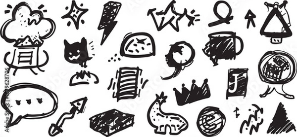 Obraz Whimsical Hand Drawn Doodles Vector Pattern Featuring Fun and Playful Icons and Elements in Black and White for Creative Designs