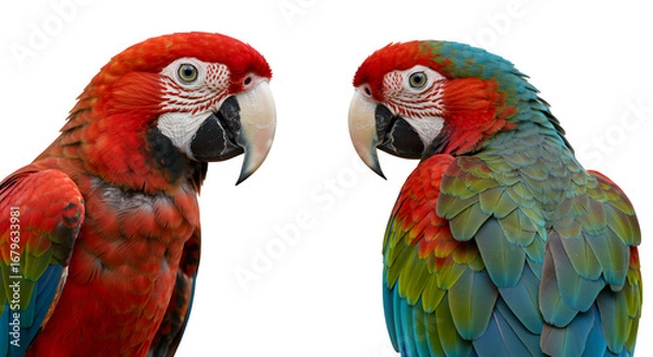 Fototapeta Portrait of two colorful macaw parrots with vibrant plumage isolated on white or transparent background. PNG