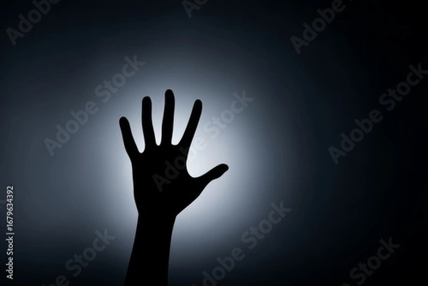 Fototapeta Mysterious Hand Gesture Against Ghostly Background in Shadowy Scene