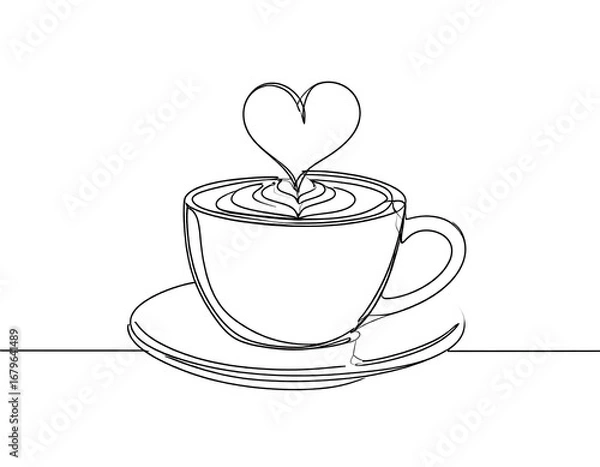 Fototapeta Continuous line drawing of a cup of coffee with heart-shaped steam