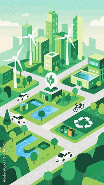 Fototapeta Green energy urban landscape, flat style illustrations, simple geometric shapes and soft gradient color schemes, environmental protection-themed poster design, modular layout presenting a sense of tec