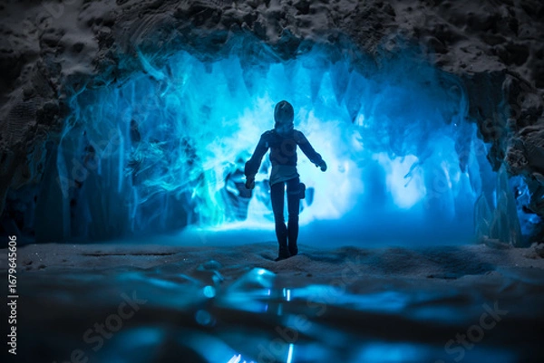 Fototapeta Surreal landscape with people exploring mysterious ice grotto cave. Outdoor adventure. Family exploring huge icy cave, dark majestic landscape. Magical silhouettes on background of illuminated ice