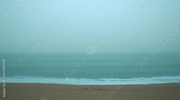 Fototapeta Misty Beach Seascape with Minimalist Circle Graphic Design Element