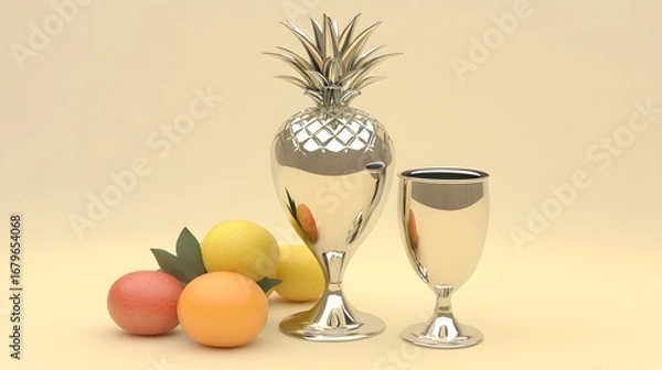 Fototapeta Elegant Silver Pineapple Pitcher Goblet and Colorful Eggs Still Life