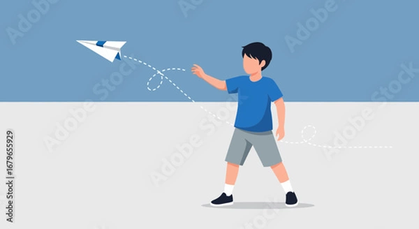 Fototapeta Illustration of a Young Boy Launching a Paper Airplane into the Sky, Flat Design