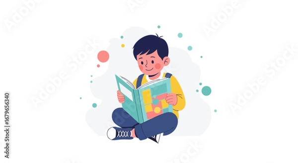 Obraz Illustration of a young boy reading a book with a happy expression on a white background