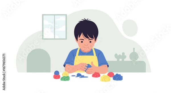 Obraz Illustration of a young boy sculpting with playdough at a table in a room happily