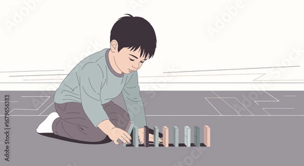Obraz Illustration of a young boy setting up dominoes on a grey surface for a playful activity