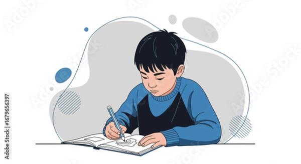 Obraz Illustration of a young boy sitting and drawing in a notebook with a pen on a white background