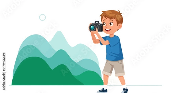 Obraz Illustration of a young boy taking a photo with a camera in a natural setting