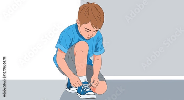 Obraz Illustration of a young boy tying his shoes, focused on the task at hand, indoors