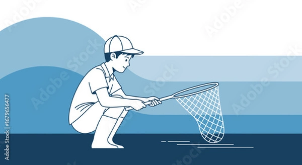 Obraz Illustration of a young boy using a net as if he is fishing in a body of water