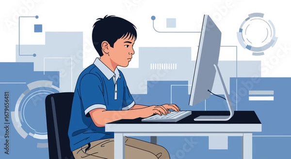 Obraz Illustration of a young boy using a computer for education or work purposes in the digital world
