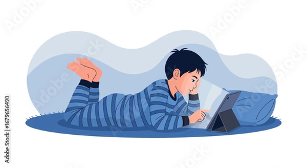 Obraz Illustration of a young boy using a tablet while lying down on his stomach at home
