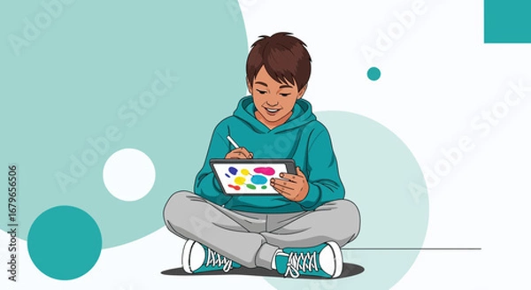 Obraz Illustration of a Young Boy Using a Tablet with a Stylus to Draw or Paint Digital Art