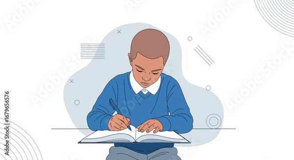 Obraz Illustration of a young boy writing in a notebook, studying and learning