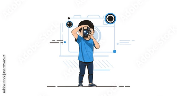 Obraz Illustration of a young boy, taking a picture of a camera, in flat vector style