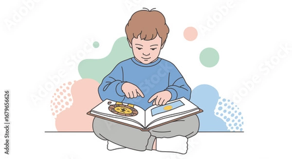 Obraz Illustration of a young child engrossed in reading a colorful picture book at home