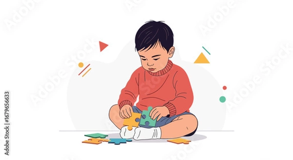 Obraz Illustration of a young child focused on solving a puzzle with colorful pieces