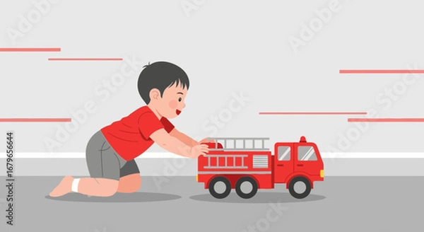 Obraz Illustration of a young child happily playing with a red toy fire truck, fun concept