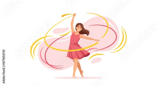 Obraz Illustration of a young girl doing rhythmic gymnastics with a ribbon in a dress