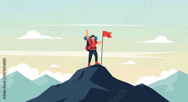 Obraz Victorious Hiker Reaches Summit and Celebrates Achievement with Flag and Exuberance