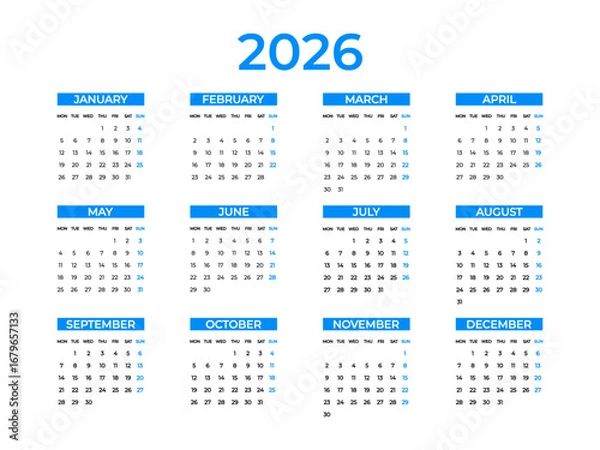 Fototapeta Calendar 2026 year. Week starts on Monday. Wall, table calendar. Restrained business design for notebook and planner. Vector illustration isolated