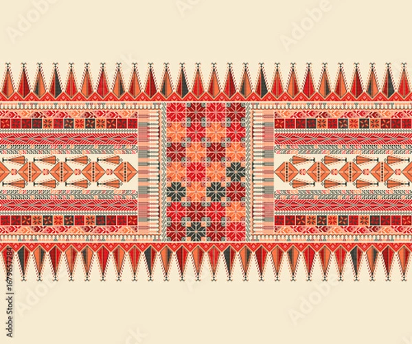 Obraz Traditional Tatreez embroidery horizontal seamless pattern, Palestinian border. Scalable vector design for print, background, template