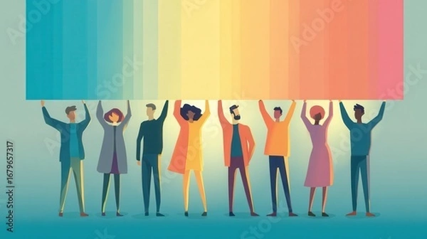 Fototapeta Diverse Group Holding Colorful Banner Celebrating Unity and Collaboration