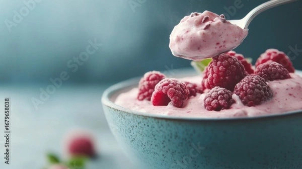 Fototapeta Raspberry Yogurt in Bowl with Lifting Spoon