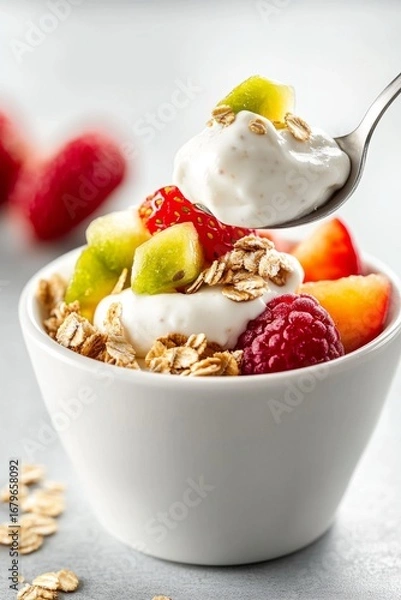 Fototapeta Granola and Fruit Parfait with Yogurt in White Cup