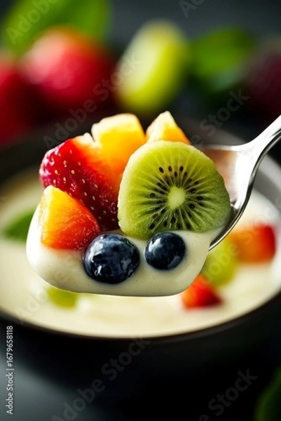 Fototapeta Spoonful of Yogurt with Fresh Kiwi, Berries and Peach