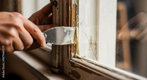Fototapeta Side angle of craftsman filling cracks with fresh putty on vintage window pane focusing on tool detail and window frame texture.