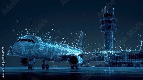 Fototapeta Futuristic airplane at airport terminal