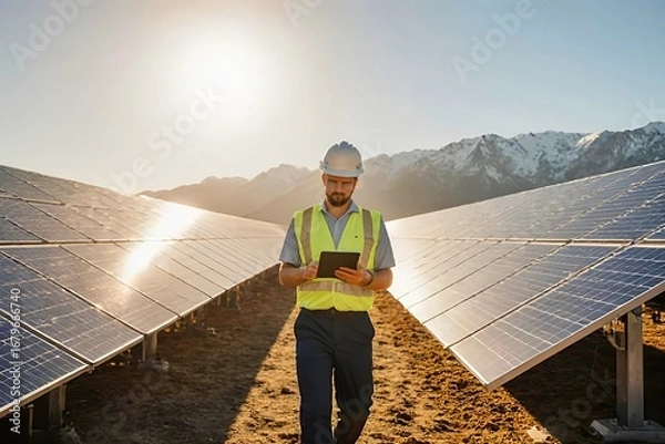 Fototapeta Solar panel technician or engineer repair solar farm. Themes of renewable energy, technology, and environmental sustainability
