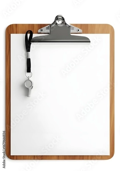 Fototapeta Sports Coach Clipboard with Whistle and Lanyard for Game Plans and Training Notes