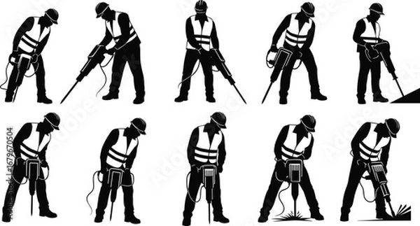 Fototapeta Construction workers using jackhammers, roadwork silhouettes, industrial drilling, demolition crew in safety vests and helmets at worksite