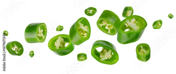 Fototapeta Sliced green hot chili pepper flies and levitates in space. Isolated on white