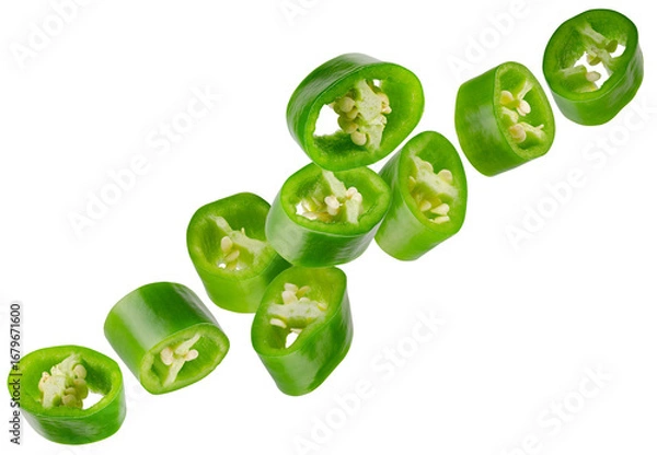 Fototapeta Sliced green hot chili peppers flying in space forming a chain shape. Isolated on white