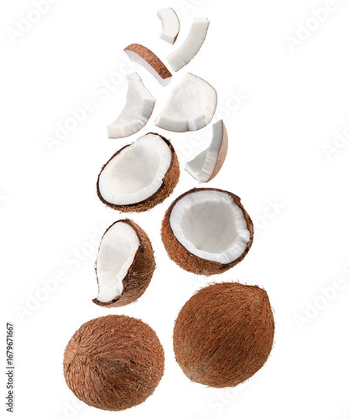 Fototapeta Beautifully retouched coconut set. Whole coconuts, halves, large pieces and small thin slices fall in space. Isolated on white