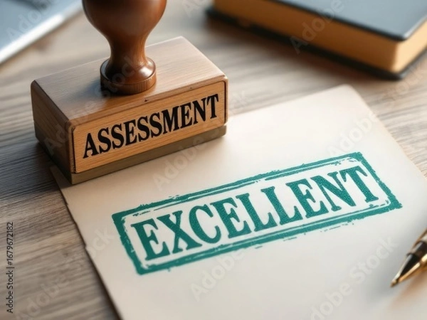 Fototapeta Positive outcome of an evaluation with a green 'Excellent' stamp on a document. Concept of successful business assessment, performance review, and achieving top results