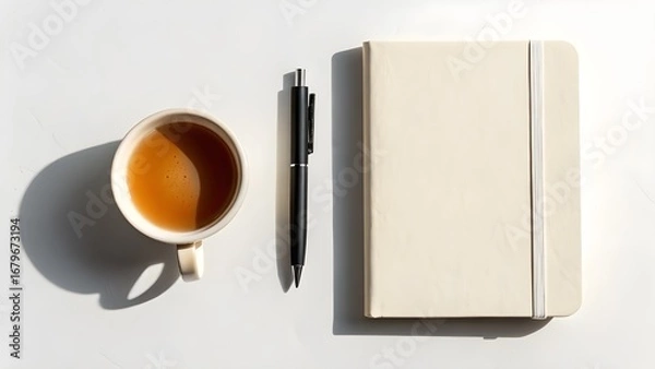 Fototapeta A simple and aesthetic flat lay featuring a cup of tea a pen and a notebook for creative ideas and journaling inspiration