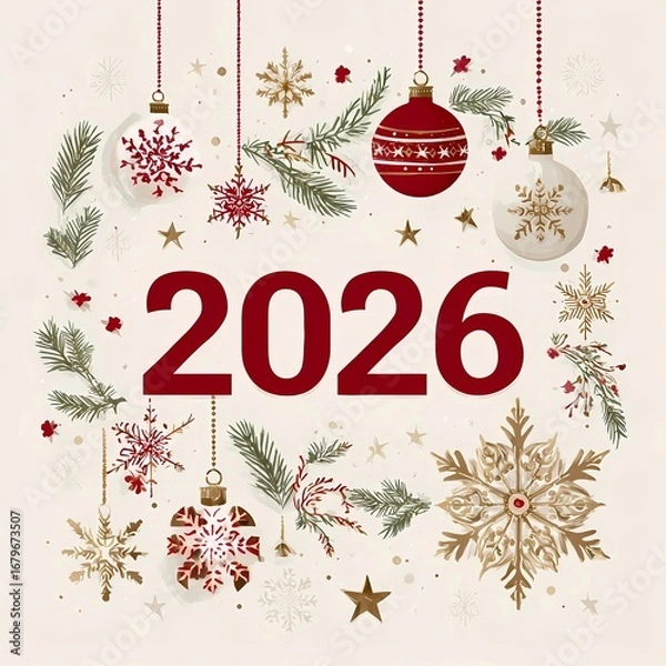 Obraz Elegant festive composition, the full number "2026" written clearly and kept together in the center of the design, surrounded by Christmas elements such as snowflakes, pine branches, ornaments, stars