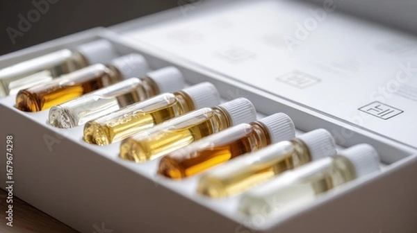 Obraz Perfume samples displayed in elegant white box for testing and smelling fragrances