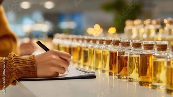 Obraz Perfumer writing down formula for new fragrance while smelling different essential oils