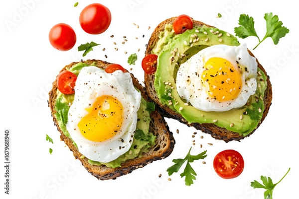 Fototapeta Delicious avocado toast with poached eggs and cherry tomatoes, perfect healthy breakfas, isolated on transparent background
