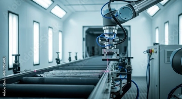 Fototapeta Robotic system calibrating conveyor alignment for automotive paint booth installation demonstrating smart factory capabilities.
