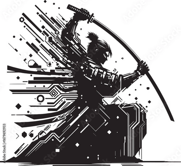 Fototapeta Dynamic Black and White Illustration of a Samurai Warrior with a Katana and Abstract Lines