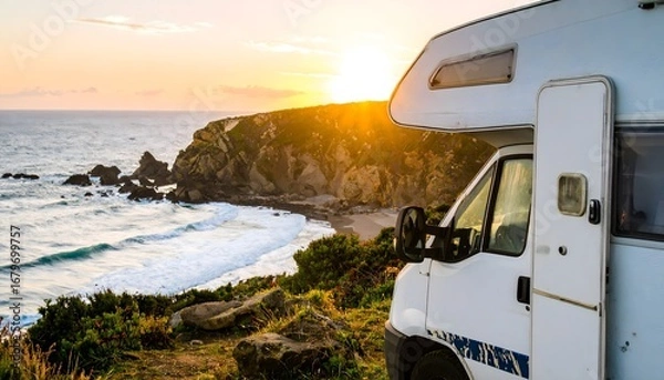 Obraz White camper at ocean at sunset glow